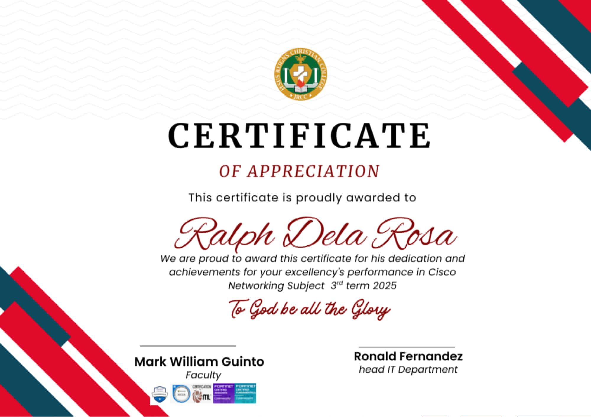 Cisco Networking Academy — certificate of appreciation
