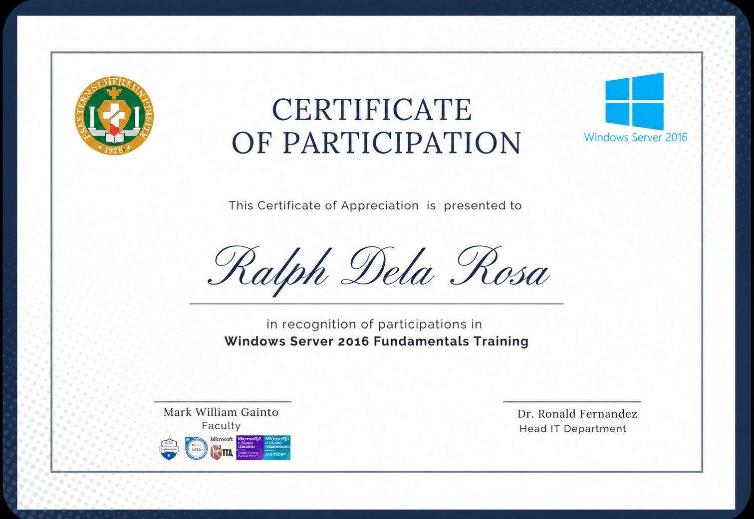 Windows Server 2016 Fundamentals — certificate of participation